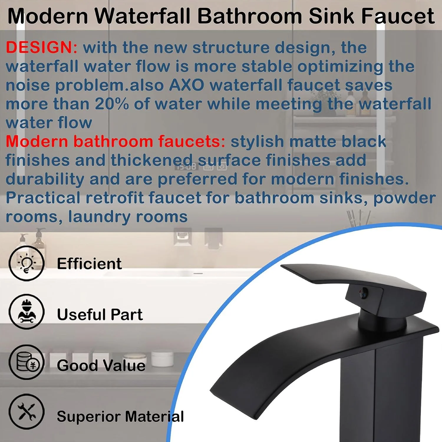 شیر روشویی آبشاری مدرن، تک دستگیره برای یک سوراخ، به همراه شلنگ (مشکی)