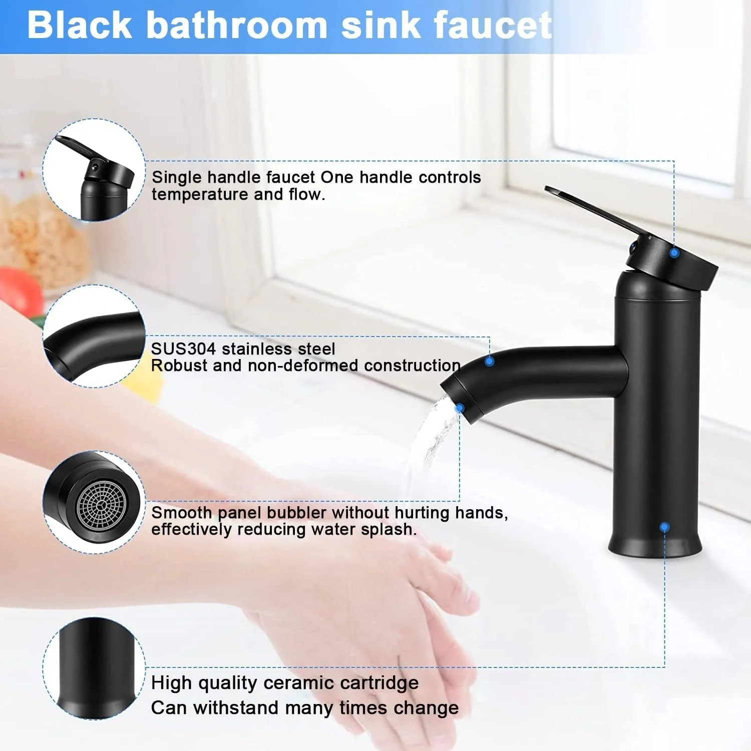 شیر روشویی Xspring، شیر مخلوط روشویی با تخلیه ABS Pop Up، شیر سینک استیل ضد زنگ تک اهرمی، نصب آسان شیر روشویی برای حمام (کوتاه)، مشکی