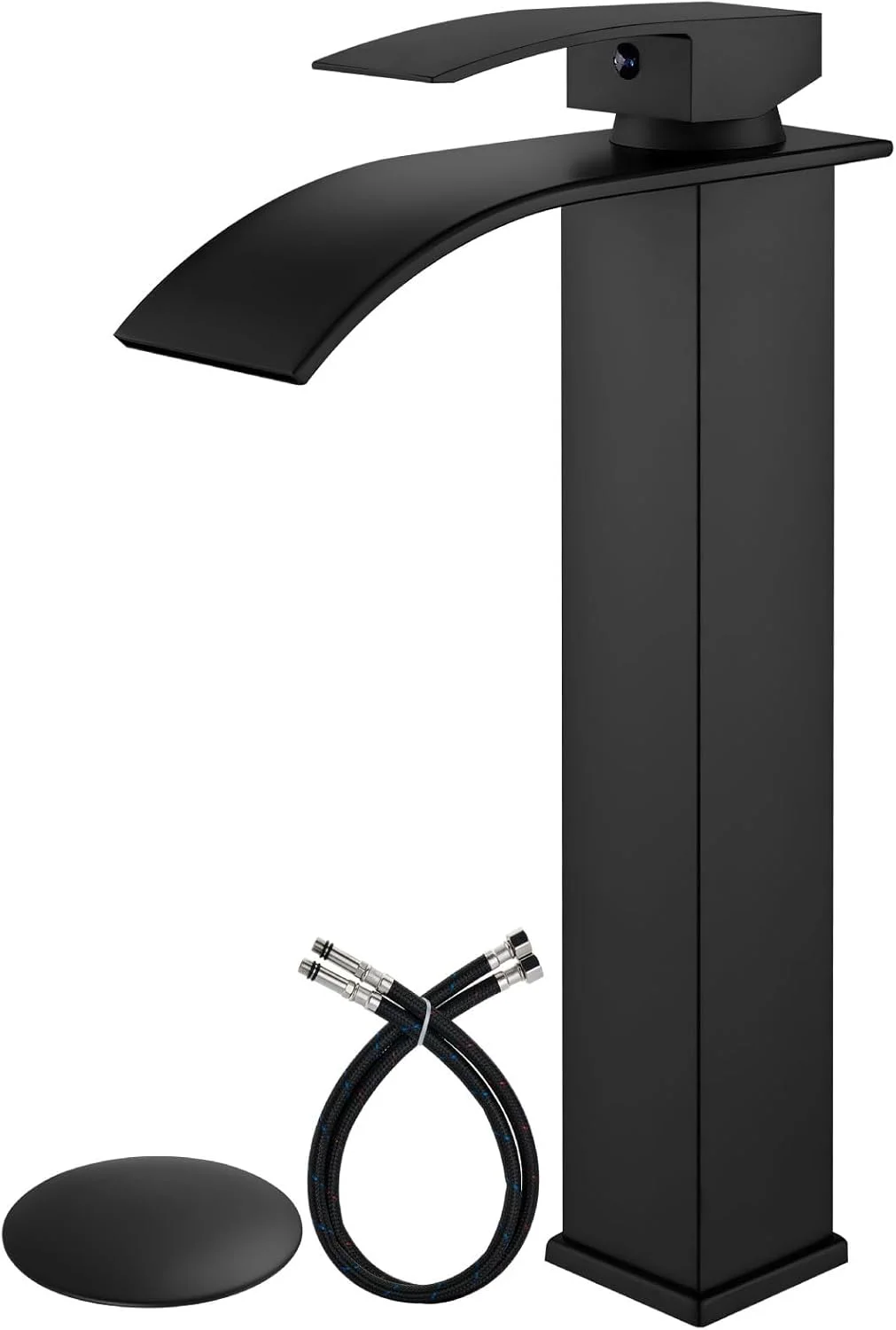 شیر روشویی ایروئیدا، شیر حمام مشکی مات با خروجی آبشاری، شیر تک اهرمی بلند تک سوراخه کاسه ای، شیر روشویی آبشاری با تخلیه پاپ آپ