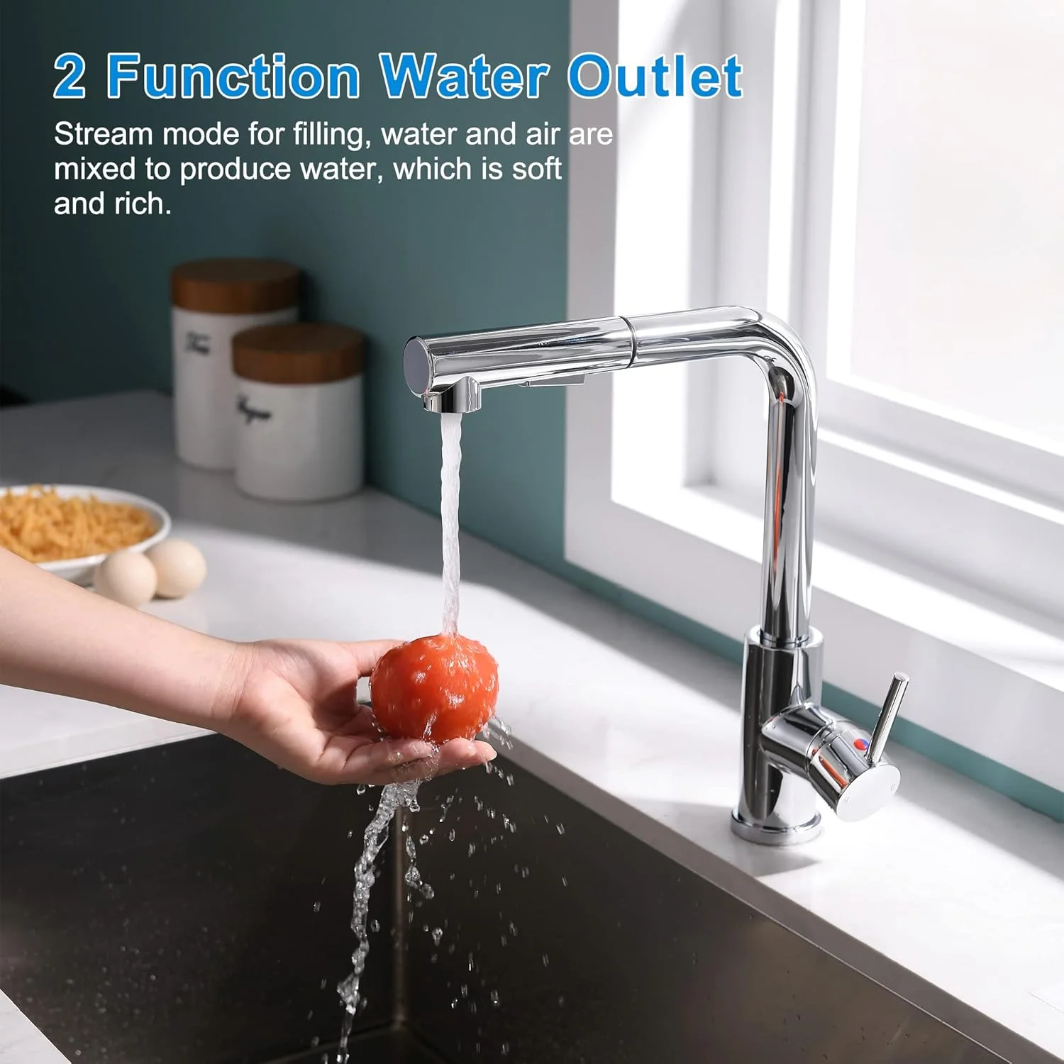 شیرآلات مخلوط آشپزخانه تالار، کروم با اسپری بیرون کشویی اتصال مغناطیسی، خروجی چرخان 360 درجه، 2 حالت اسپری آب گرم و سرد، شیرآلات تک اهرمی تک سوراخ، شیر آب سینک آشپزخانه L شکل