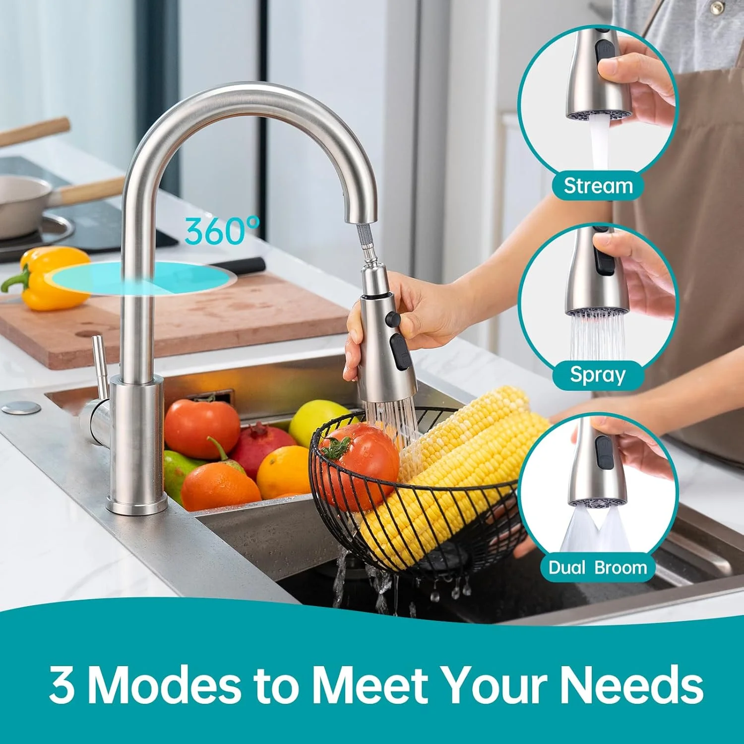 شیر آشپزخانه APPASO، میکسر سینک استیل S304 با اسپری کشویی چرخان 360 درجه - 3 حالت، شیر سینک آشپزخانه تک اهرمی با قوس بلند - ایده آل برای تمیز کردن روزانه و سخت شیر آشپزخانه APPASO، میکسر سینک استیل S304 با اسپری کشویی چرخان 360 درجه - 3 حالت، شیر سینک آشپزخانه تک اهرمی با قوس بلند - ایده آل برای تمیز کردن روزانه و سخت