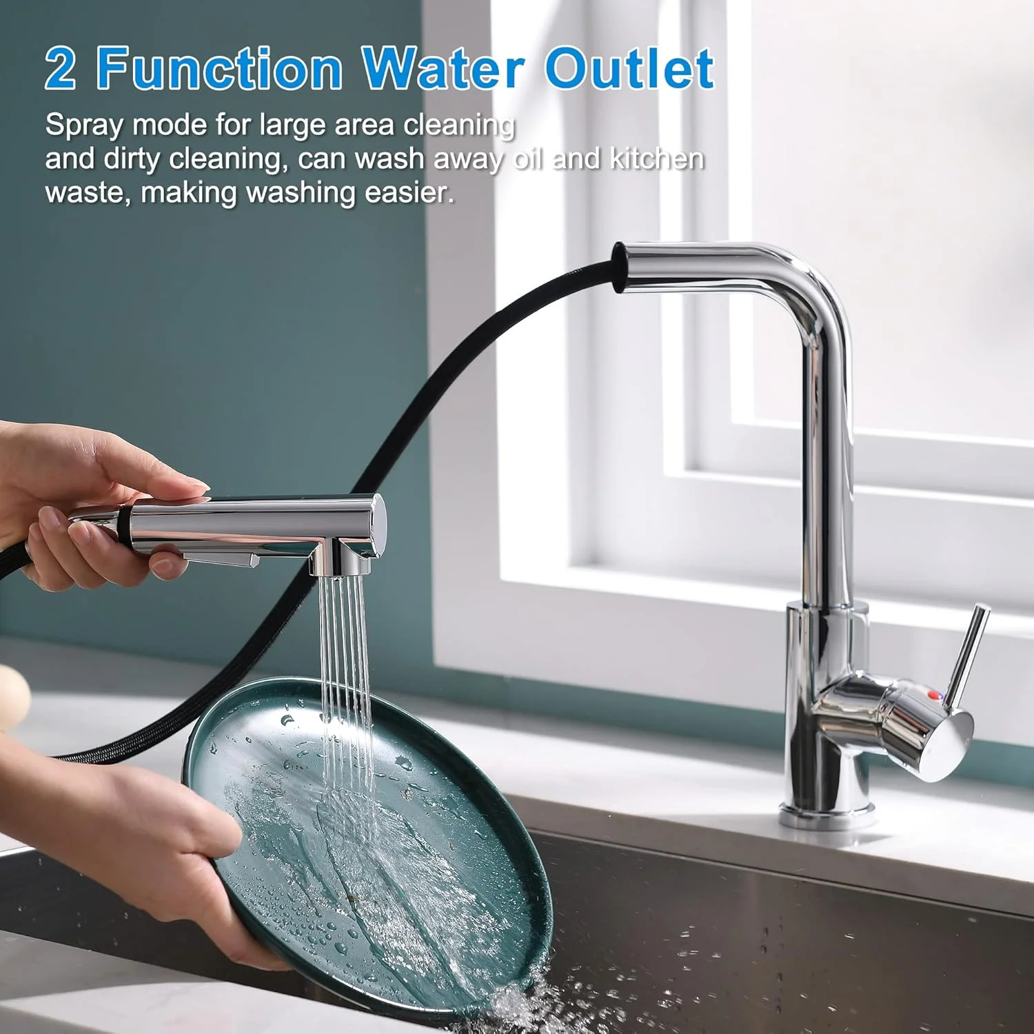 شیرآلات مخلوط آشپزخانه تالار، کروم با اسپری بیرون کشویی اتصال مغناطیسی، خروجی چرخان 360 درجه، 2 حالت اسپری آب گرم و سرد، شیرآلات تک اهرمی تک سوراخ، شیر آب سینک آشپزخانه L شکل
