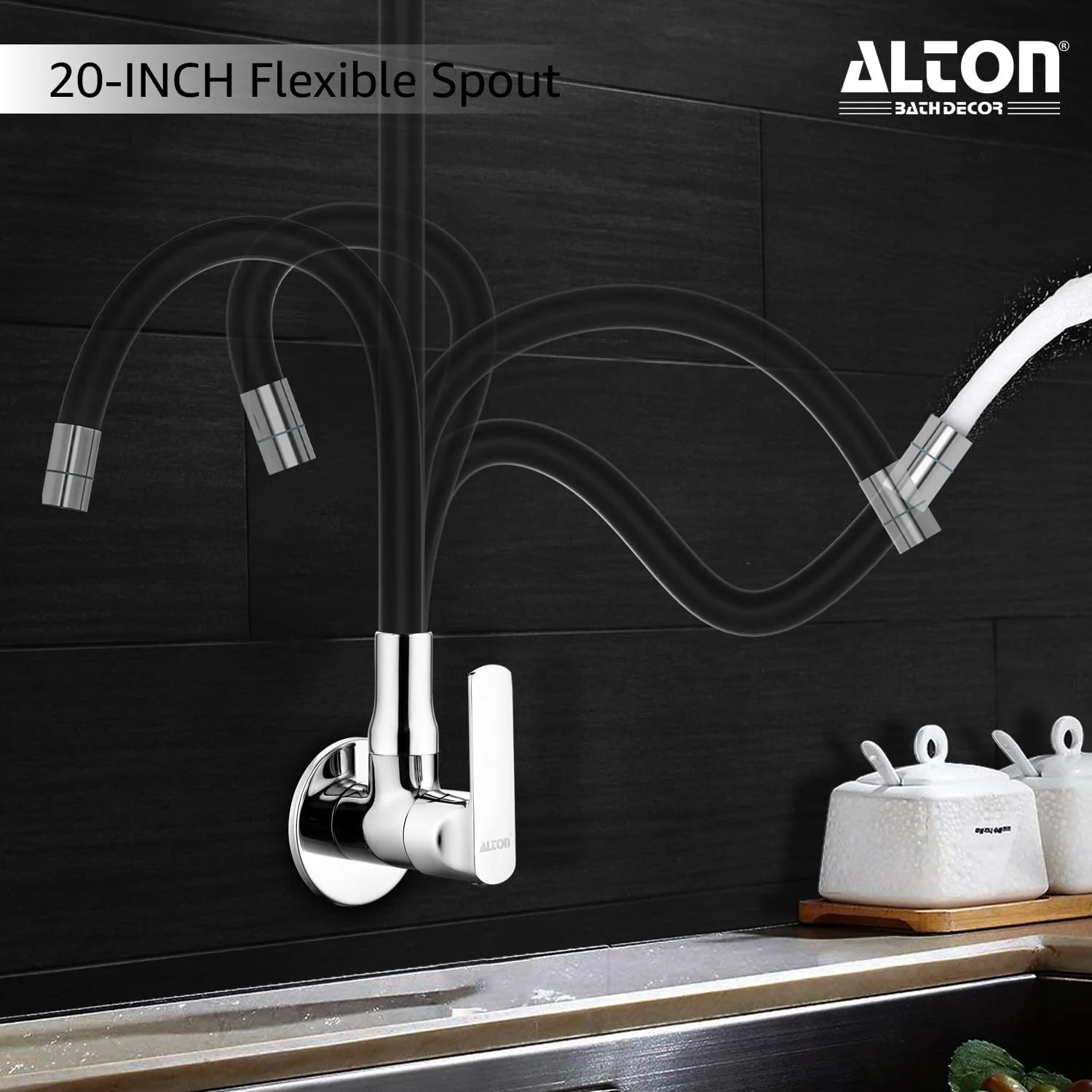 شیر سینک برنجی آلتون مدل FAM3366 با خروجی چرخان انعطاف پذیر، روکش مشکی و کروم