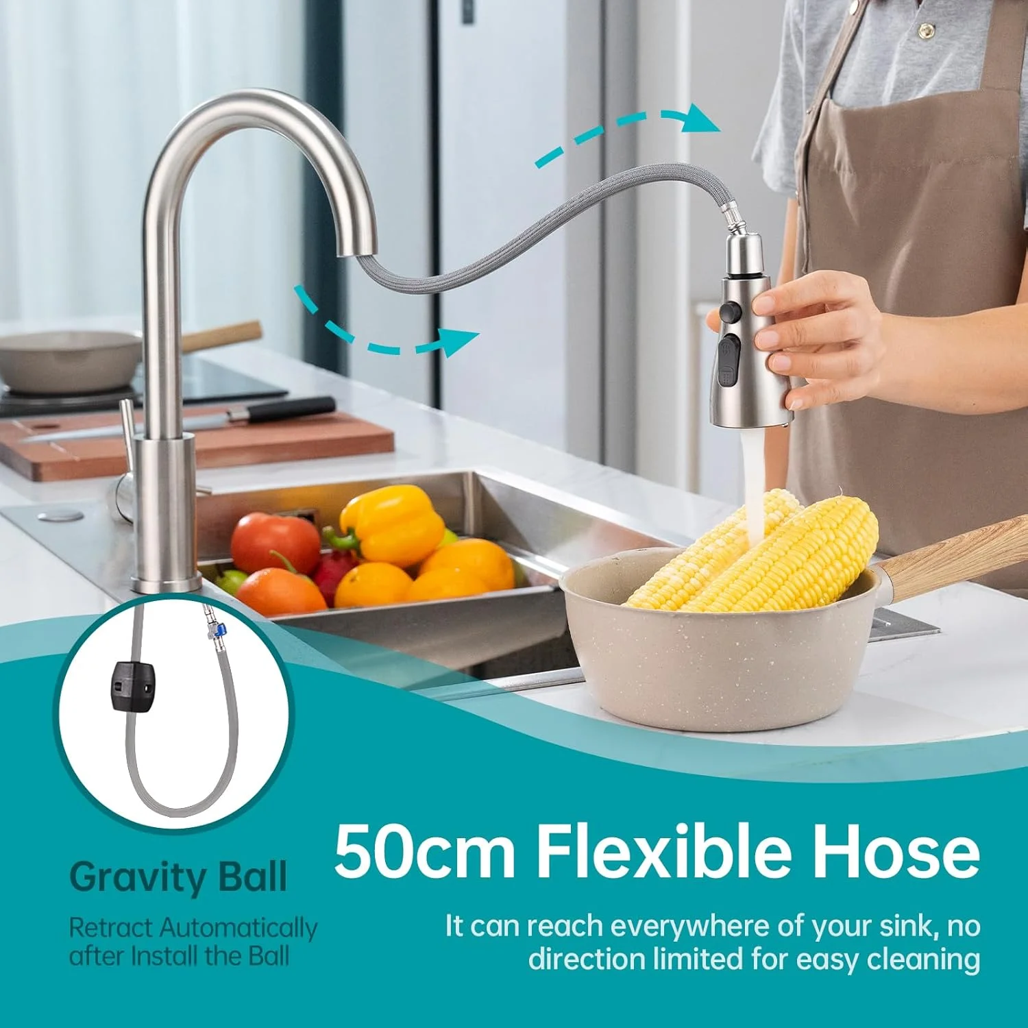 شیر آشپزخانه APPASO، میکسر سینک استیل S304 با اسپری کشویی چرخان 360 درجه - 3 حالت، شیر سینک آشپزخانه تک اهرمی با قوس بلند - ایده آل برای تمیز کردن روزانه و سخت شیر آشپزخانه APPASO، میکسر سینک استیل S304 با اسپری کشویی چرخان 360 درجه - 3 حالت، شیر سینک آشپزخانه تک اهرمی با قوس بلند - ایده آل برای تمیز کردن روزانه و سخت