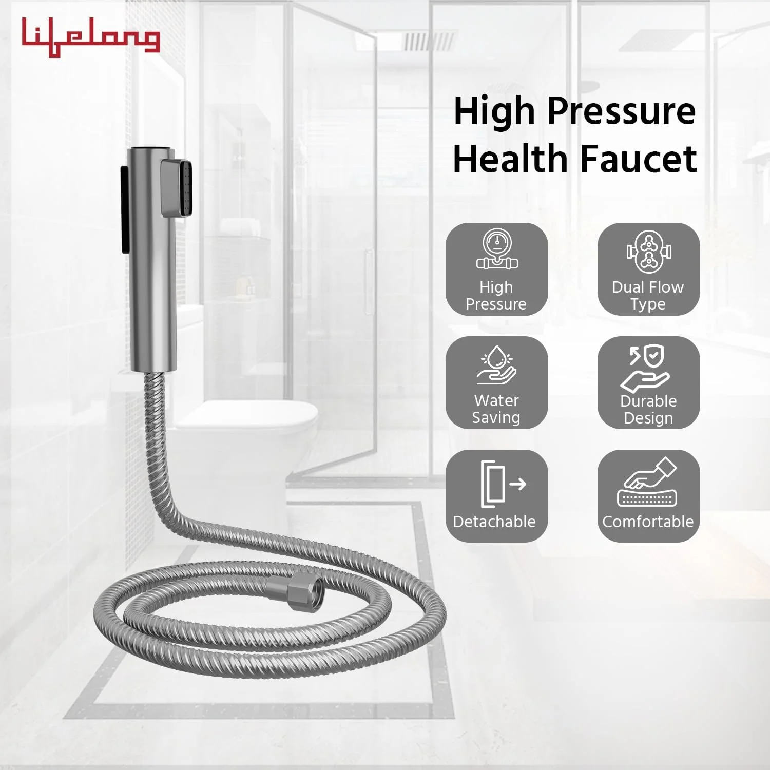 شیر دستی دو حالته جت اسپری آب حمام لایف لانگ، شیر بهداشتی فشار قوی - استیل ضد زنگ گرید 304، شلنگ انعطاف پذیر 1 متری و قلاب دیواری برای توالت فرنگی، روکش کروم (LLBAHFDF1) استیل ضد زنگ