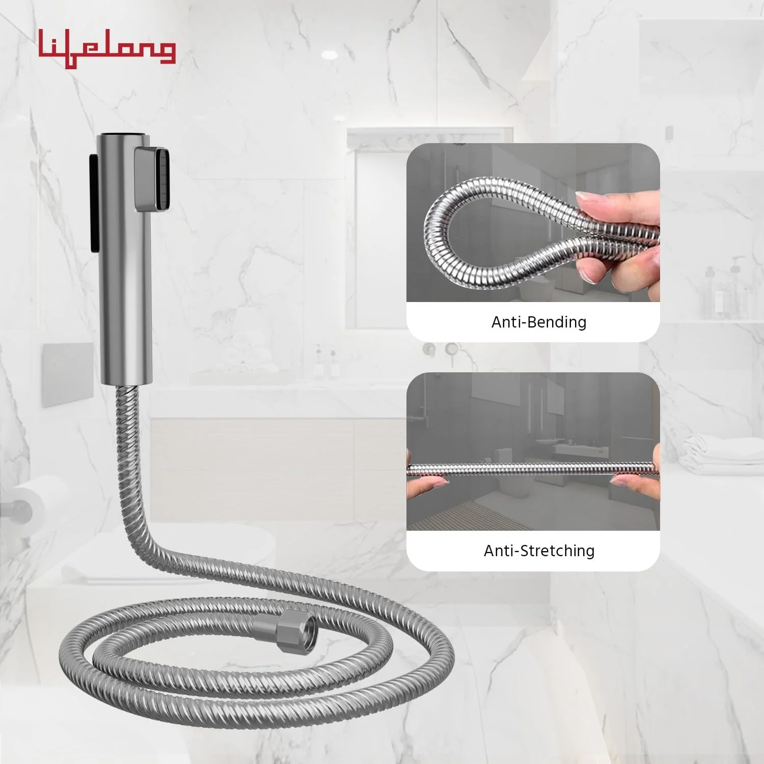 شیر دستی دو حالته جت اسپری آب حمام لایف لانگ، شیر بهداشتی فشار قوی - استیل ضد زنگ گرید 304، شلنگ انعطاف پذیر 1 متری و قلاب دیواری برای توالت فرنگی، روکش کروم (LLBAHFDF1) استیل ضد زنگ