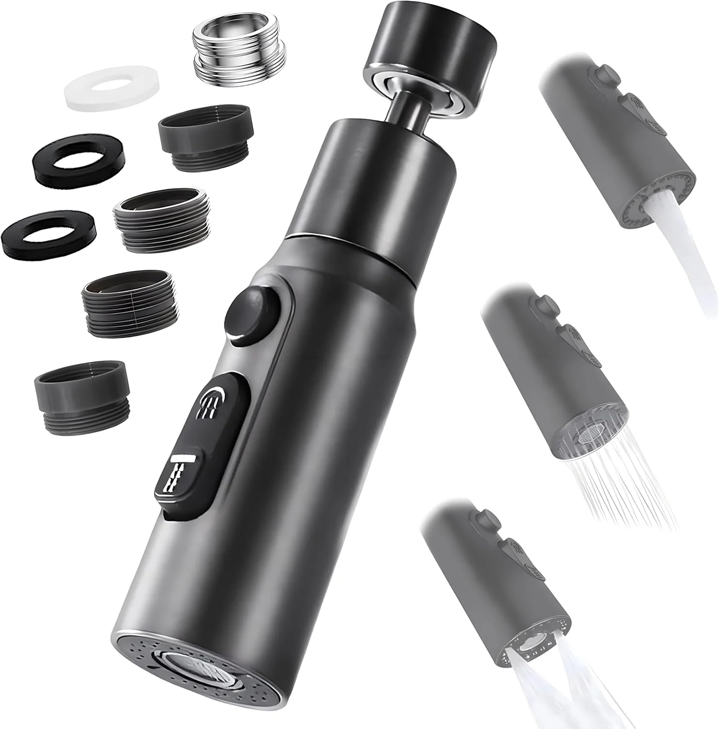 سَری شیر آب LUBEKAS، چرخش ۳۶۰ درجه با ۳ حالت، افزونه چند منظوره شیر آب، لوازم جانبی شیر آب صرفه جویی در آب برای آشپزخانه و حمام (مشکی)