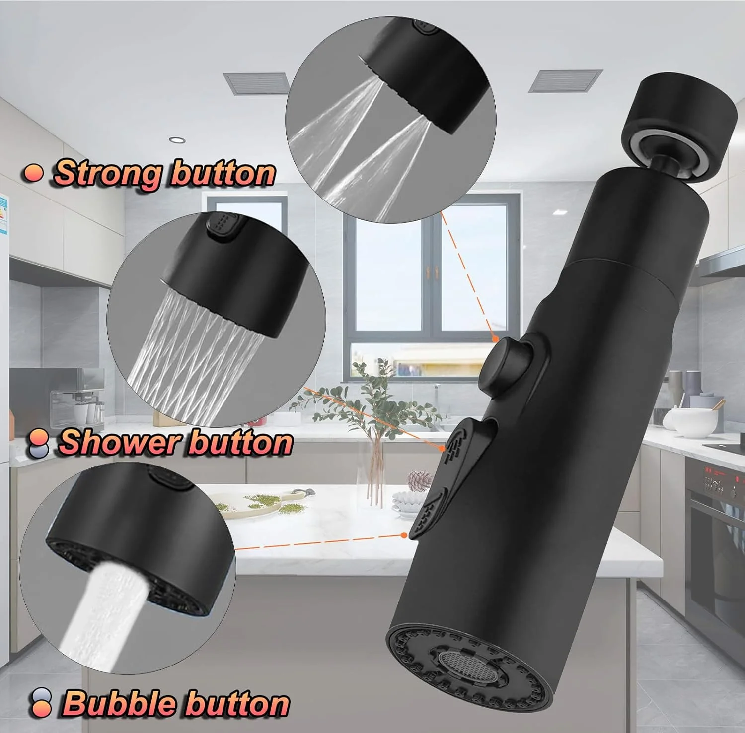 سَری شیر آب LUBEKAS، چرخش ۳۶۰ درجه با ۳ حالت، افزونه چند منظوره شیر آب، لوازم جانبی شیر آب صرفه جویی در آب برای آشپزخانه و حمام (مشکی)