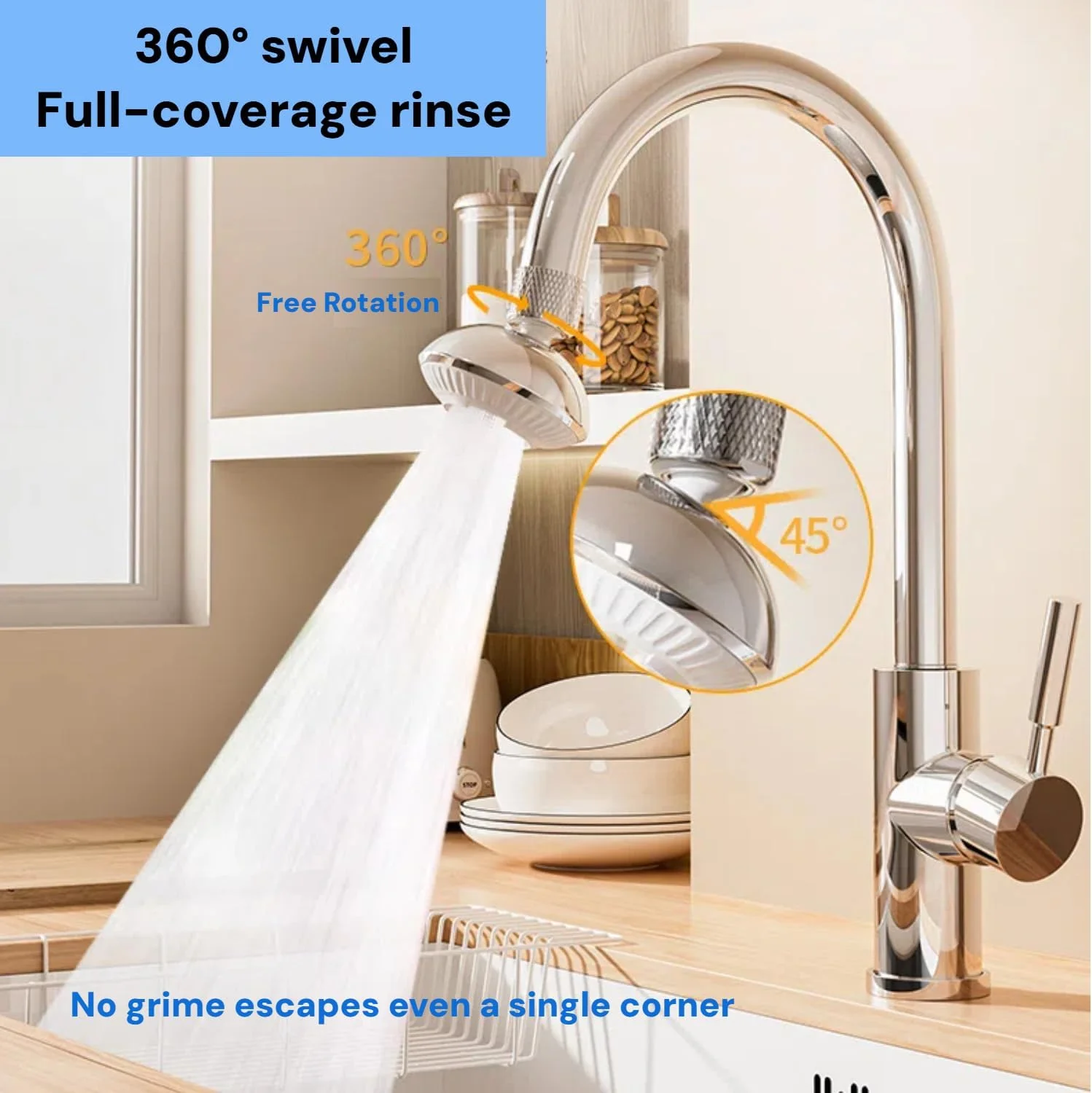 سردوش شیر آب چرخشی 360 درجه با دو حالت صرفه جویی در آب به همراه 6 آداپتور جهانی، جایگزین سر شیر آشپزخانه ضد نشت، کنترل جریان کارآمد و نصب آسان