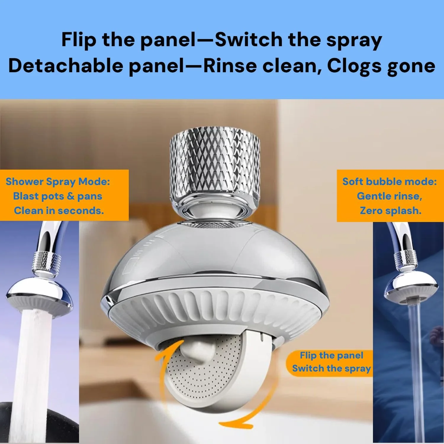 سردوش شیر آب چرخشی 360 درجه با دو حالت صرفه جویی در آب به همراه 6 آداپتور جهانی، جایگزین سر شیر آشپزخانه ضد نشت، کنترل جریان کارآمد و نصب آسان