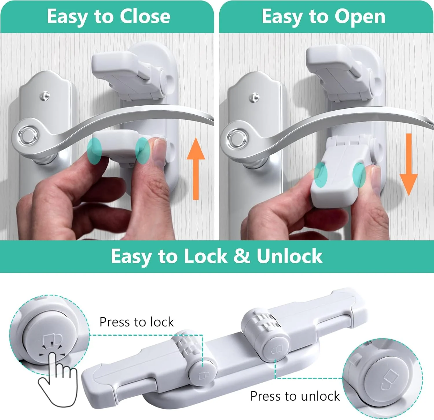 قفل اهرمی درب (بسته 3 عددی) قفل درب برای ایمنی کودکان، محافظ کودک دستگیره درب، قفل ایمنی کودک برای درها، با چسب 3M، برای درها، پنجره ها، وان حمام، شیرآلات (سفید)