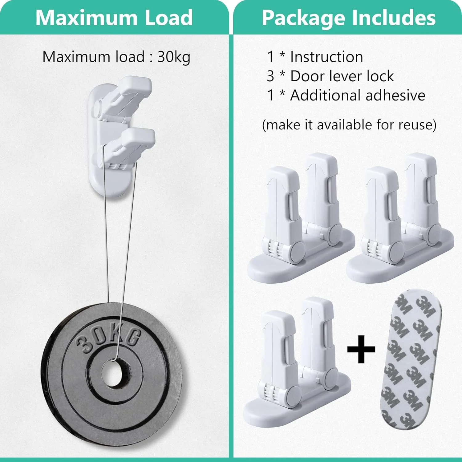 قفل اهرمی درب (بسته 3 عددی) قفل درب برای ایمنی کودکان، محافظ کودک دستگیره درب، قفل ایمنی کودک برای درها، با چسب 3M، برای درها، پنجره ها، وان حمام، شیرآلات (سفید)