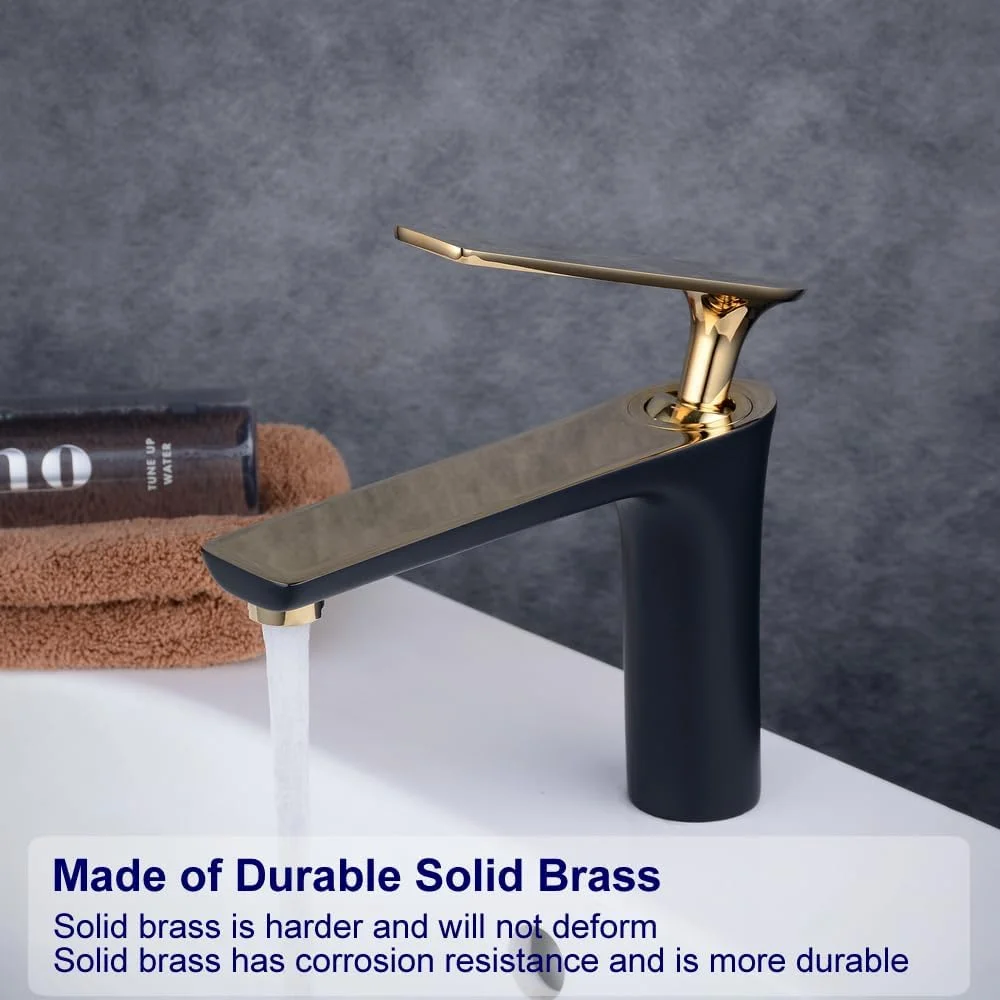 شیر روشویی کاسه ای، تک دستگیره، مخلوط کن برنجی، با دستگیره طلایی براق و رنگ مشکی مدل GT7507BG