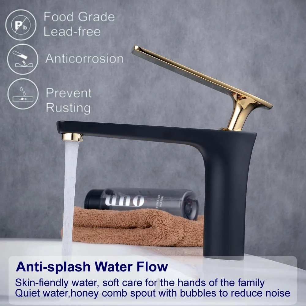 شیر روشویی کاسه ای، تک دستگیره، مخلوط کن برنجی، با دستگیره طلایی براق و رنگ مشکی مدل GT7507BG