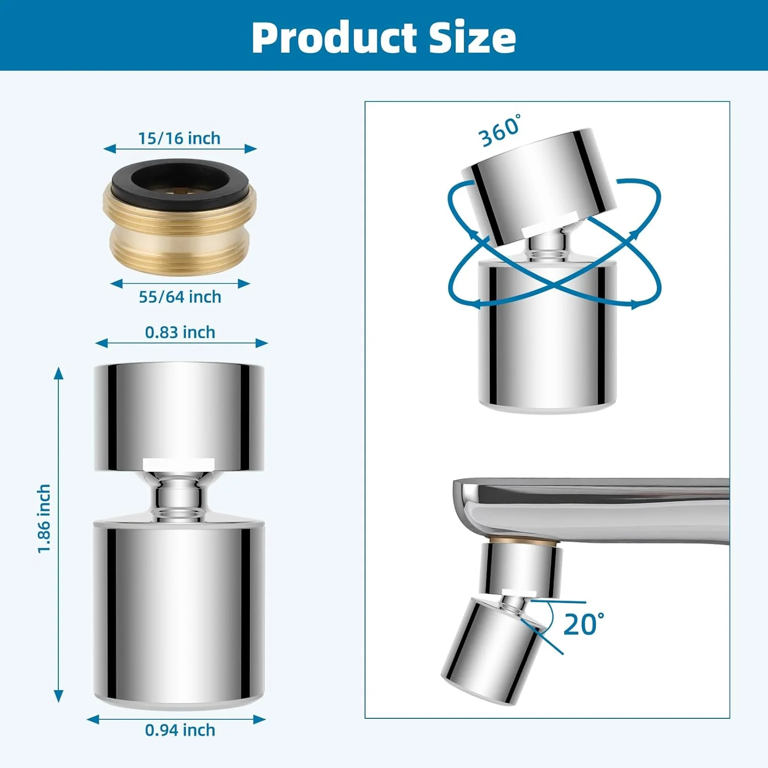 سردوش شیر آب هيبنت، چرخش 360 درجه، سر دوش شیر آب آشپزخانه دو حالته، اتصال سر دوش بزرگ زاویه دار، قطعه جایگزین شیر آب مادگی 55/64 اینچ - کروم