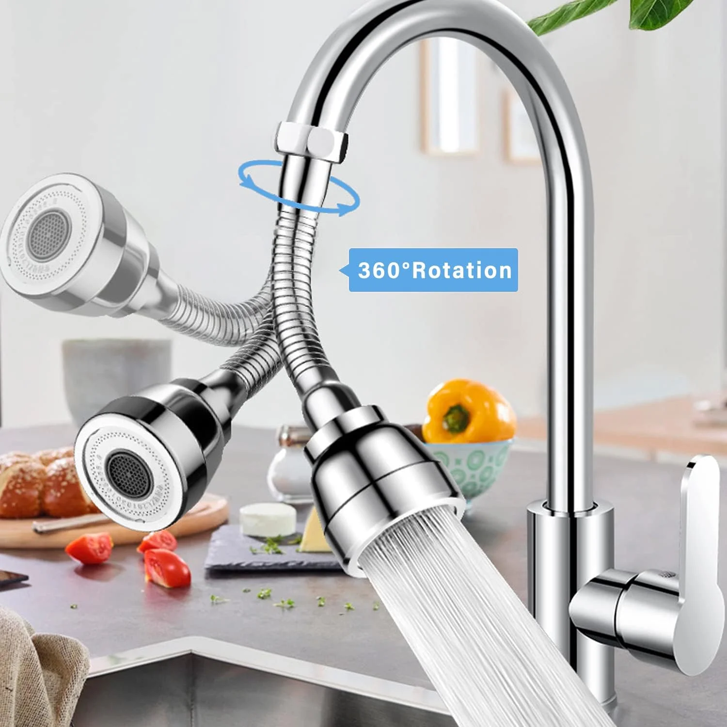 افزودنی شیر آب JINYOMFLY با 3 حالت، چرخش 360 درجه، صرفه جویی در آب، قابل استفاده برای سینک آشپزخانه و حمام (نقره ای)