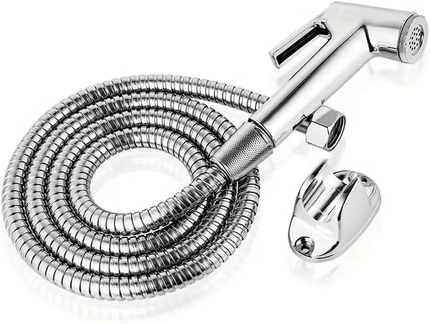 شلنگ توالت دستی هکسار با براکت دیواری، شلنگ 120 سانتی متری، شاتاف روکش کروم ABS، جت اسپری برای توالت حمام، ست خود تمیز شونده فشار قوی