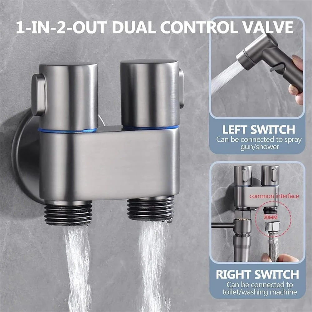 شیر کنترل دوگانه Azonee 1 به 2، کیت اسپری بیده دستی، اسپری کوچک شیر توالت، اتصال دوش دستی برای توالت و ماشین لباسشویی، نصب آسان، خاکستری