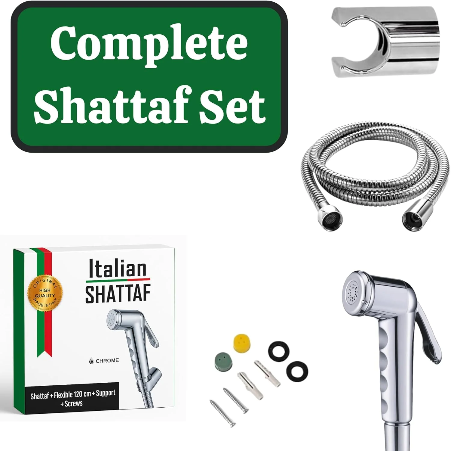 ست شطاف - اسپری بهداشتی ممتاز برای توالت به همراه شلنگ کروم براق 120 سانتی متری (استیل ضد زنگ 304) | بیده دستی