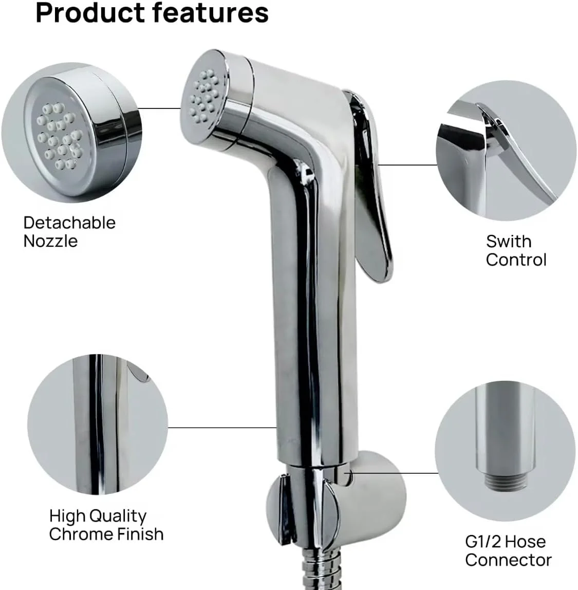 ست شطاف، اسپری بهداشتی توالت با شلنگ استیل ضد زنگ 47 اینچی، نصب دیواری برای حمام، کروم.