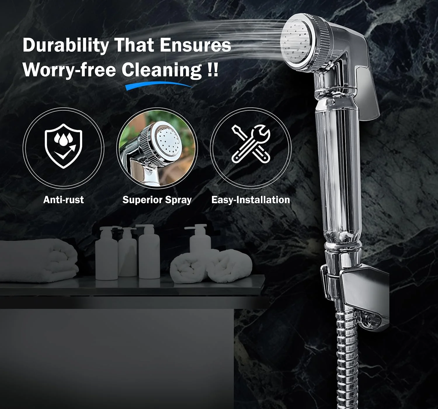 شیر دستی توالت ایشینی - ست شطاف، اسپری جت با نصب آسان، دوش برای بهداشت شخصی، شلنگ استیل 120 سانتی متری، کروم