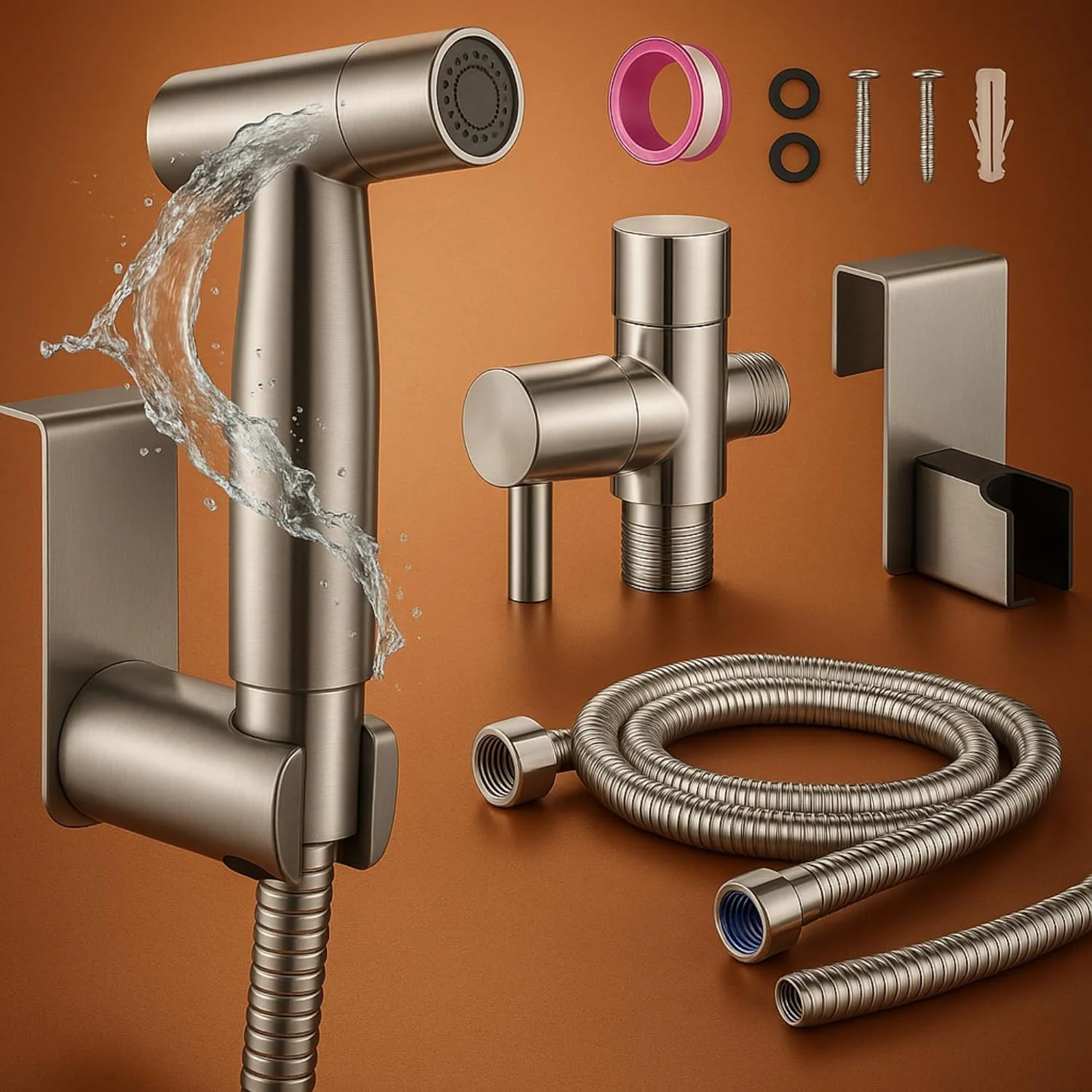 شیر دستی توالت مدل VELORDEC - ست شاتاف با روکش کروم، شلنگ 57 اینچی و استیل ضد زنگ برس خورده تقویت شده برای شستشوی بهداشتی بانوان و نوزاد، شامل شیر T کنترل فشار، واشرهای لاستیکی و نوار