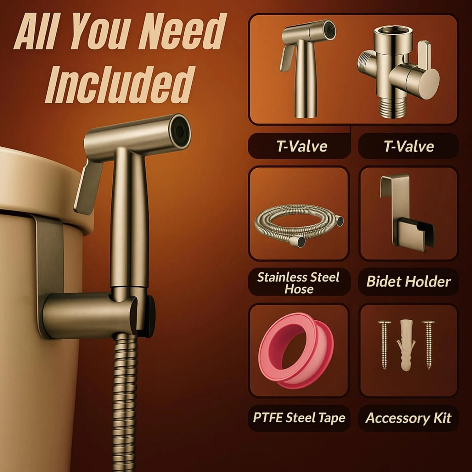 شیر دستی توالت مدل VELORDEC - ست شاتاف با روکش کروم، شلنگ 57 اینچی و استیل ضد زنگ برس خورده تقویت شده برای شستشوی بهداشتی بانوان و نوزاد، شامل شیر T کنترل فشار، واشرهای لاستیکی و نوار