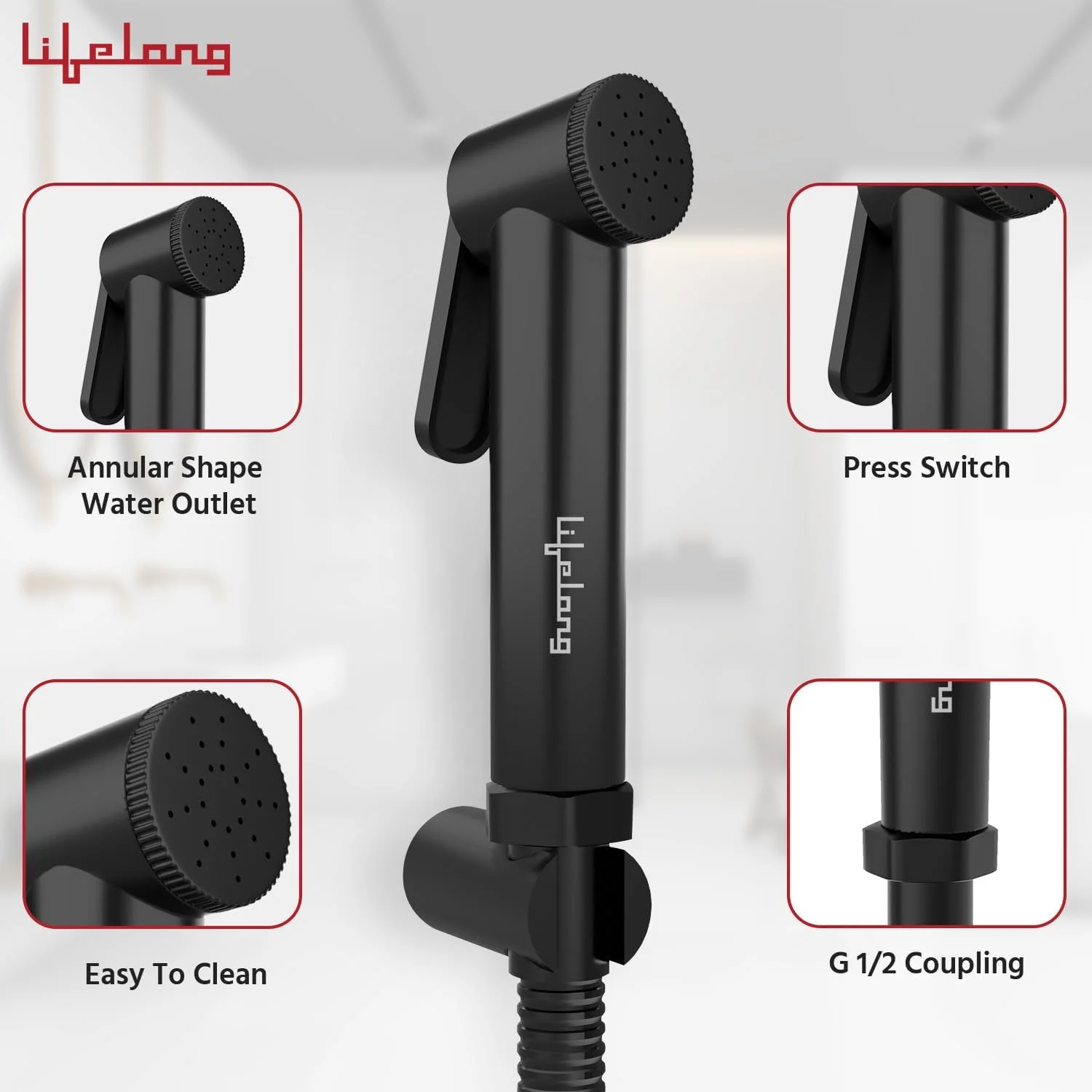 شیر بهداشتی حمام مادام العمر - اسپری جت برای توالت - شیر دستی بهداشتی فشار قوی ABS - گرید SS-304، شلنگ انعطاف پذیر 1 متری و قلاب دیواری برای توالت فرنگی - مشکی (LLBAHFB01)