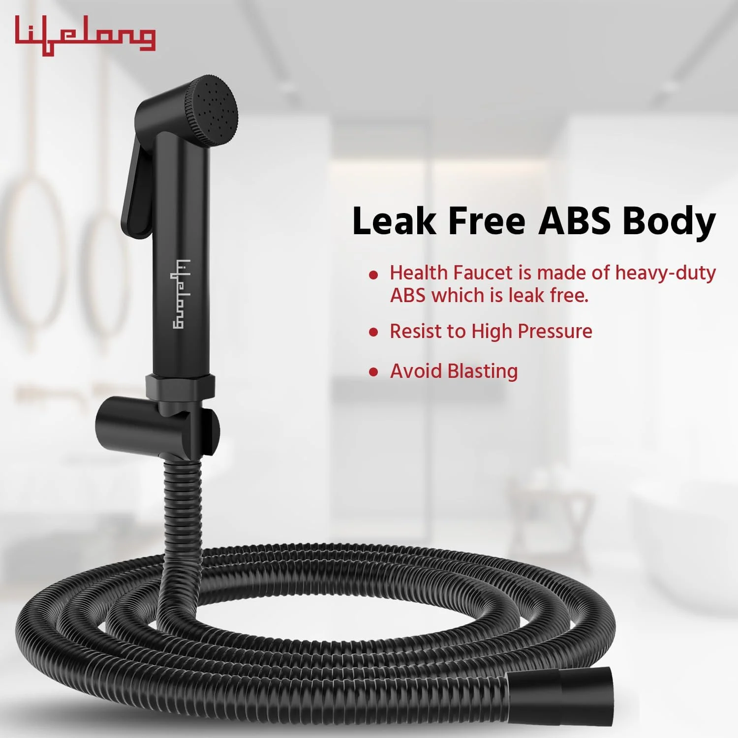 شیر بهداشتی حمام مادام العمر - اسپری جت برای توالت - شیر دستی بهداشتی فشار قوی ABS - گرید SS-304، شلنگ انعطاف پذیر 1 متری و قلاب دیواری برای توالت فرنگی - مشکی (LLBAHFB01)