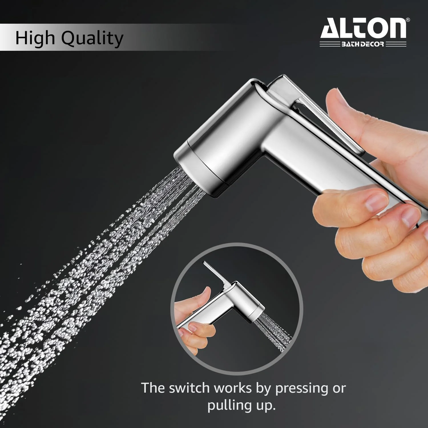 شیر بهداشتی ABS آلتون مدل SHR20910 به همراه شلنگ انعطاف پذیر 1.25 متری از جنس استیل 304 و قلاب دیواری، روکش کروم (اسپری جت برای توالت)