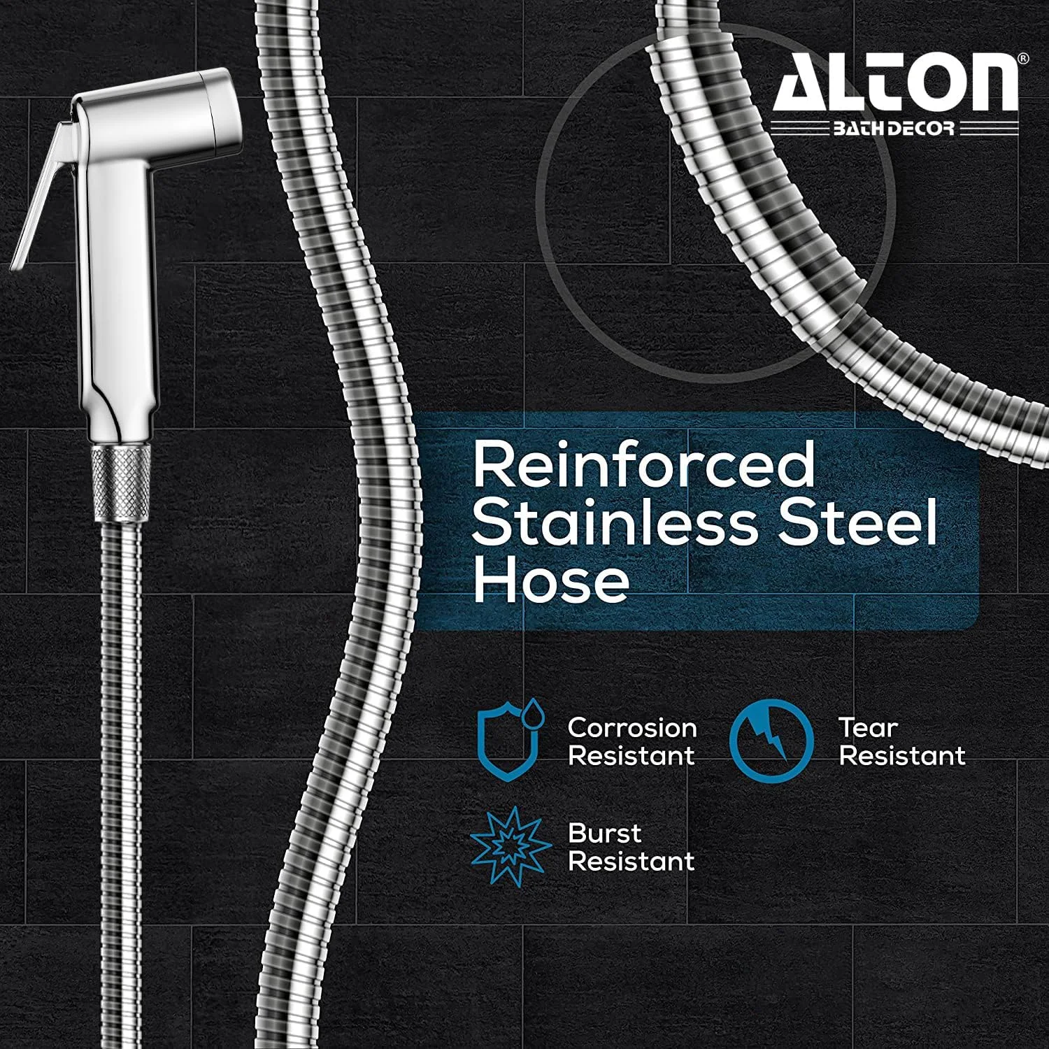 شیر بهداشتی ABS آلتون مدل SHR20910 به همراه شلنگ انعطاف پذیر 1.25 متری از جنس استیل 304 و قلاب دیواری، روکش کروم (اسپری جت برای توالت)