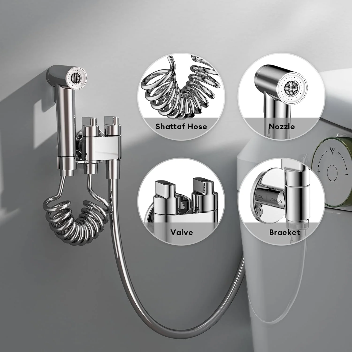 ست شطاف JOMOO، اسپری بیده توالت با شلنگ 180 سانتی متری، شیر دو خروجی و نگهدارنده، دوش بیده حمام با 2 حالت اسپری برای بهداشت شخصی