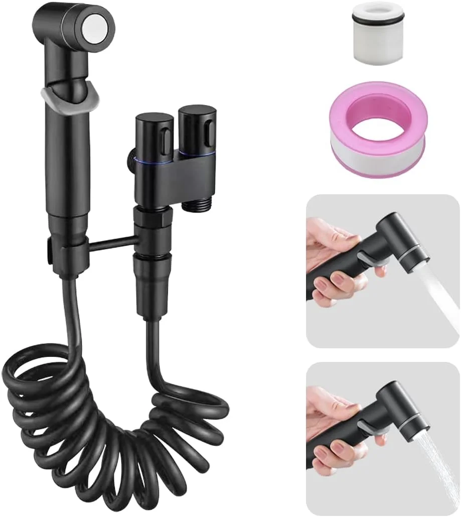 DECKALY کیت شلنگ توالت فرنگی با شیر دوگانه کنترل 1 به 2، واشر مینیاتوری، دوش چند منظوره دستی برای حمام، شلنگ و لوازم جانبی (مشکی)