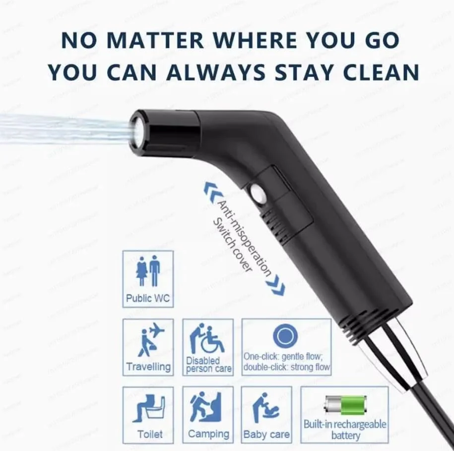 بیده شطاف مسافرتی قابل شارژ با مخزن آب داخلی و نازل قابل تنظیم | اسپری بیده دستی برقی برای توالت، کمپینگ، پیاده روی، فضای باز و بهداشت | شارژ USB (مشکی)