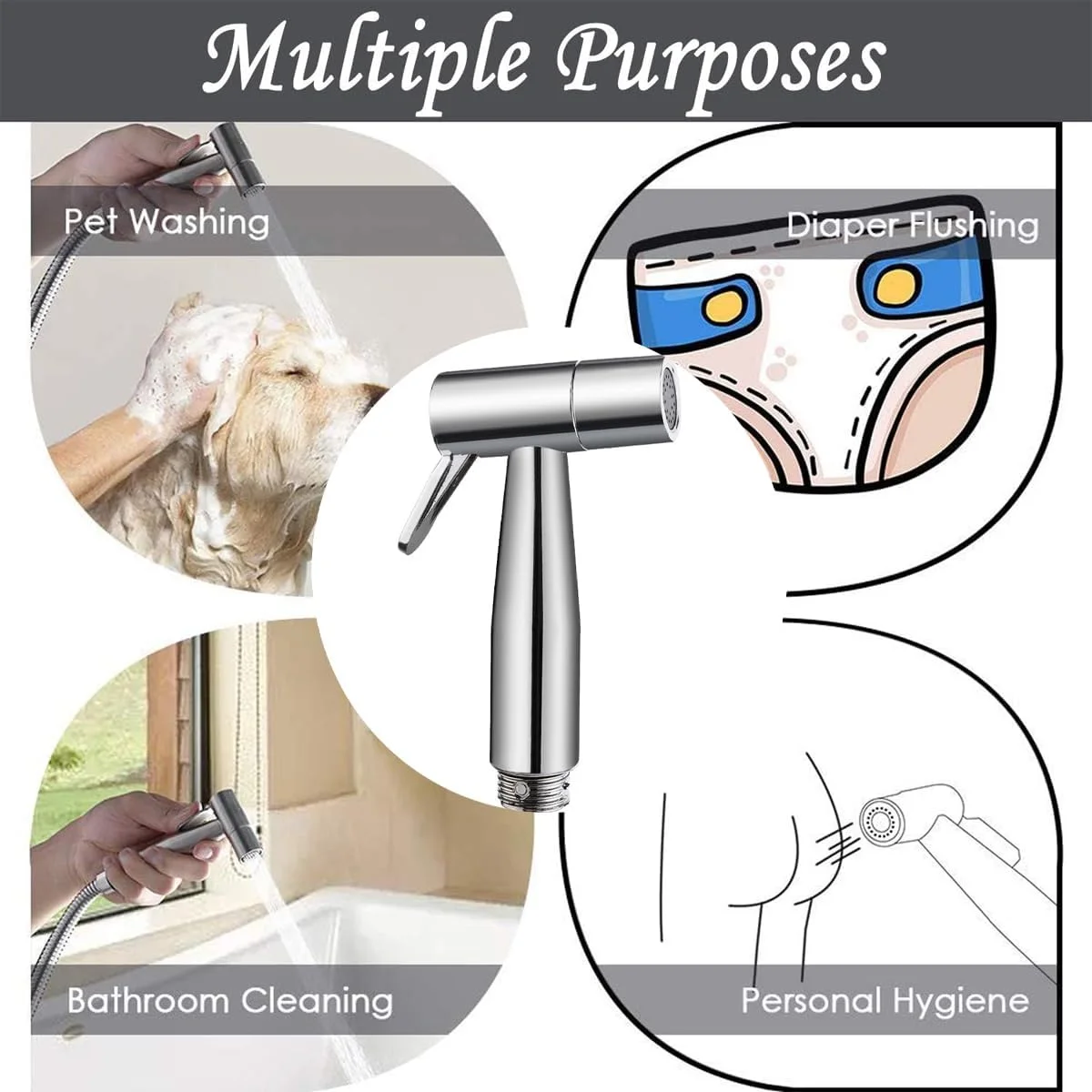 اسپری شاتاف توالت دستی کوچک مشکی [3 در 1] با شلنگ مشکی 1.5 متری، مناسب برای شستشوی پارچه ای، شیر توالت دستی شاتاف، شیر تمیز کننده توالت (نقره ای)