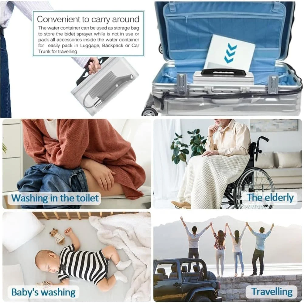 بیده شطاف مسافرتی قابل شارژ با مخزن آب داخلی و نازل قابل تنظیم | اسپری بیده دستی برقی برای توالت، کمپینگ، پیاده روی، فضای باز و بهداشت | شارژ USB (مشکی)