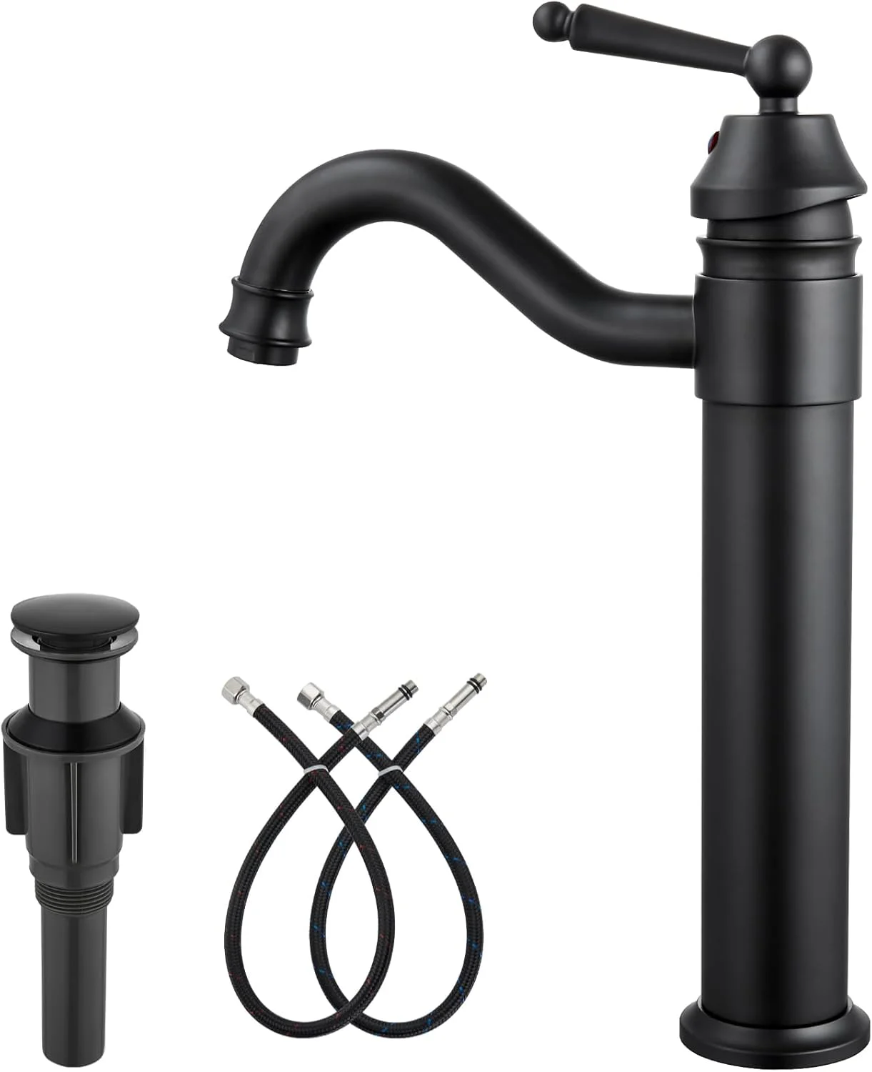 شیر روشویی کاسه ای گوتونوو، تک دستگیره برنجی با دهانه بلند، شیر مخلوط اهرمی تک حفره ای نصب شده روی سینک با تخلیه کننده فشاری، مشکی مات