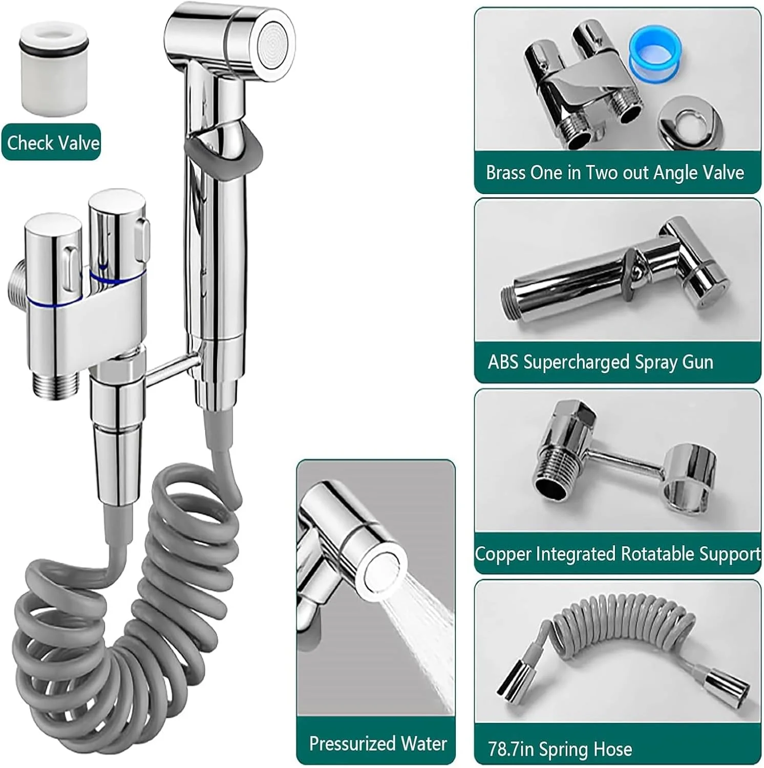 شلنگ توالت دستی Tikwoork، شیر دوگانه کنترل 2-در-1، کیت شلنگ دستی با قابلیت تنظیم فشار آب برای ماشین لباسشویی، حیوانات خانگی، پارچه و توالت (نقره ای)