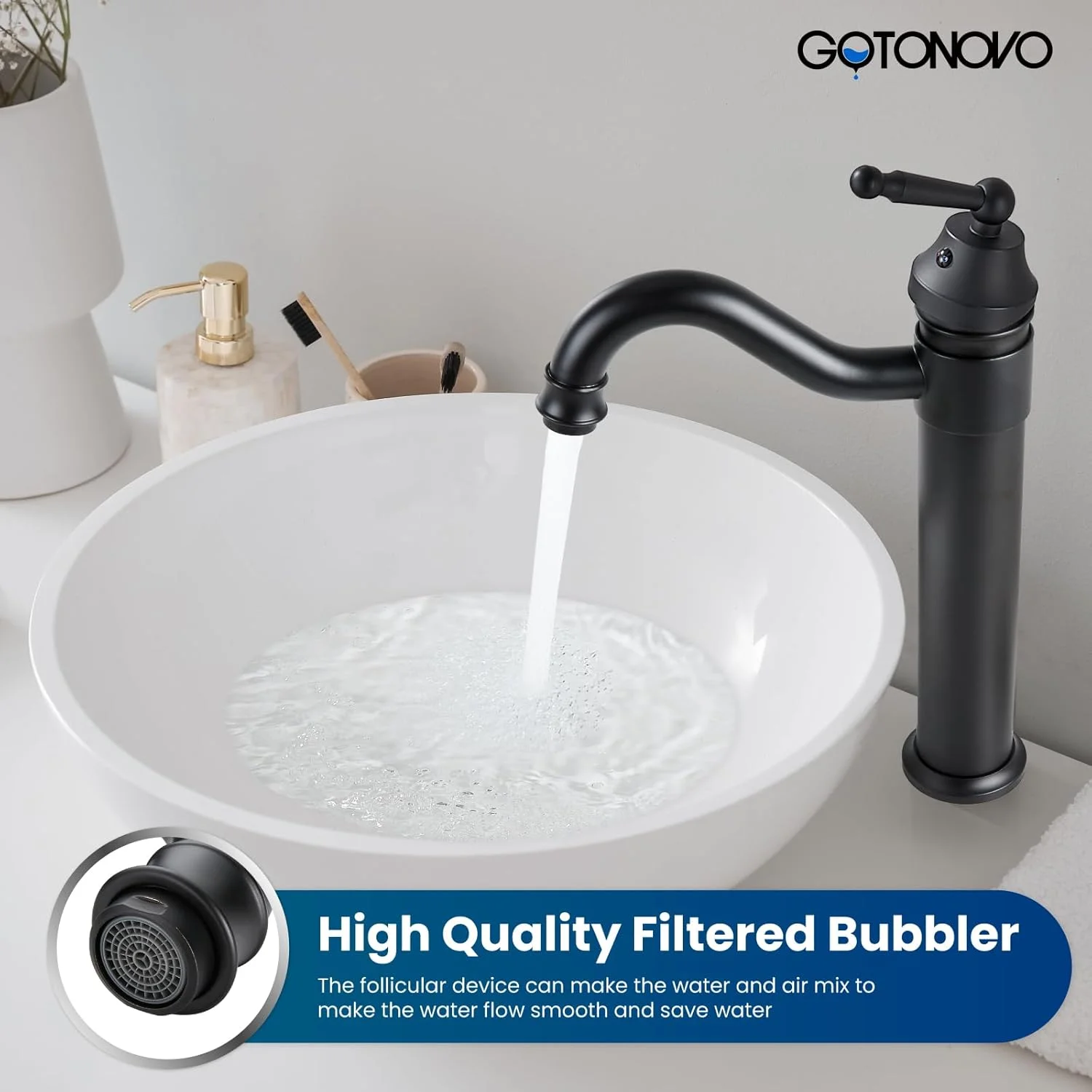 شیر روشویی کاسه ای گوتونوو، تک دستگیره برنجی با دهانه بلند، شیر مخلوط اهرمی تک حفره ای نصب شده روی سینک با تخلیه کننده فشاری، مشکی مات