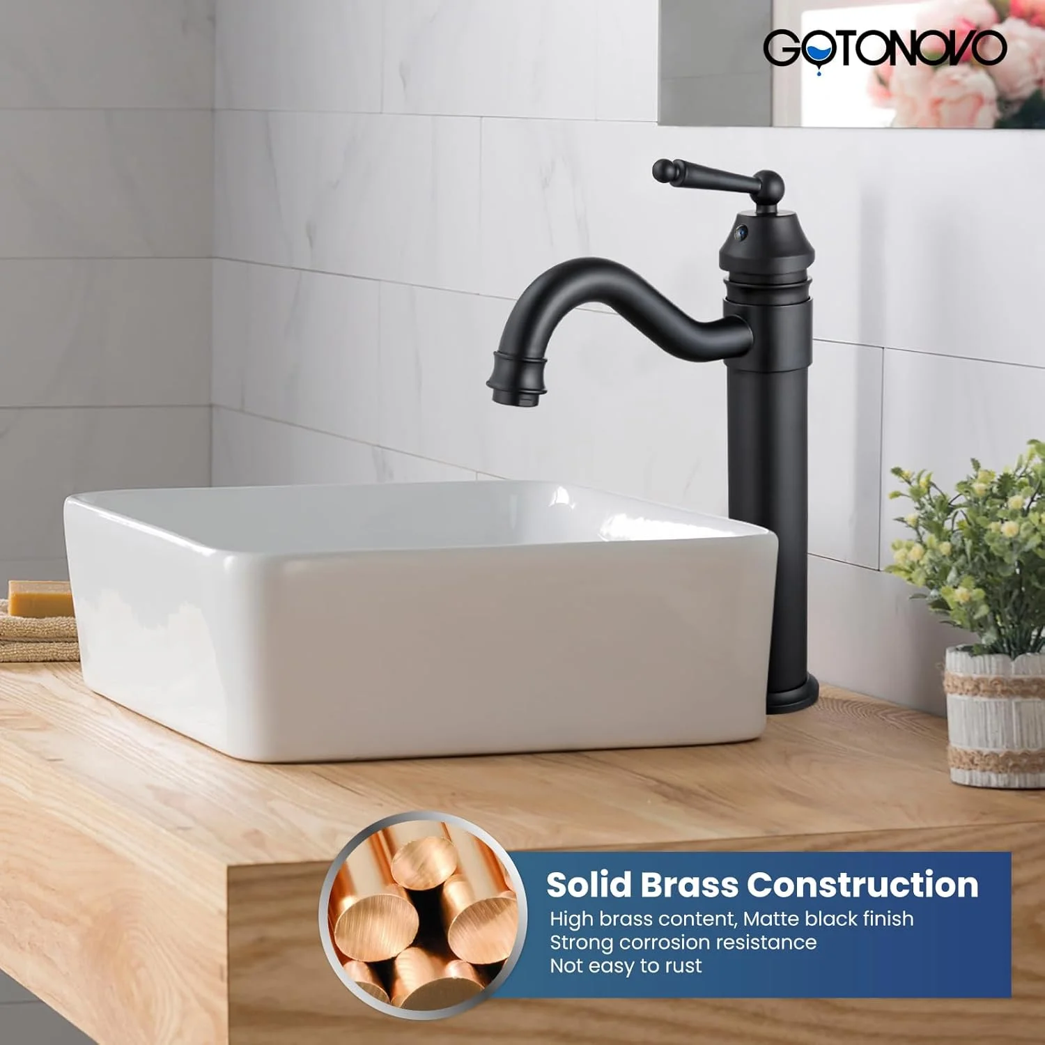 شیر روشویی کاسه ای گوتونوو، تک دستگیره برنجی با دهانه بلند، شیر مخلوط اهرمی تک حفره ای نصب شده روی سینک با تخلیه کننده فشاری، مشکی مات