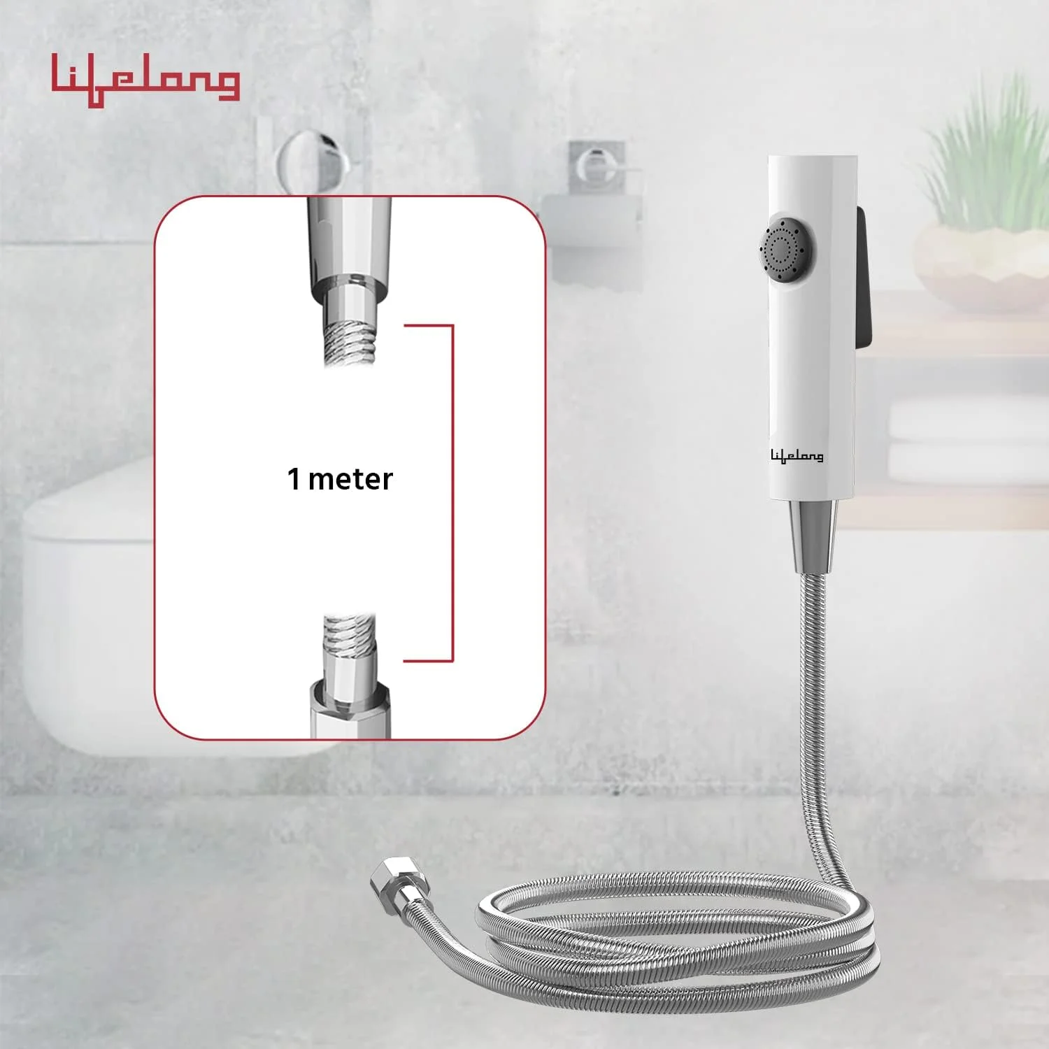 شیر بهداشتی حمام مادام العمر - جت اسپری برای توالت - فشار قوی، بیده دستی ABS - گرید SS-304، شلنگ انعطاف پذیر 1 متری و قلاب دیواری برای توالت فرنگی - سفید (LLBAHF12)، کروم