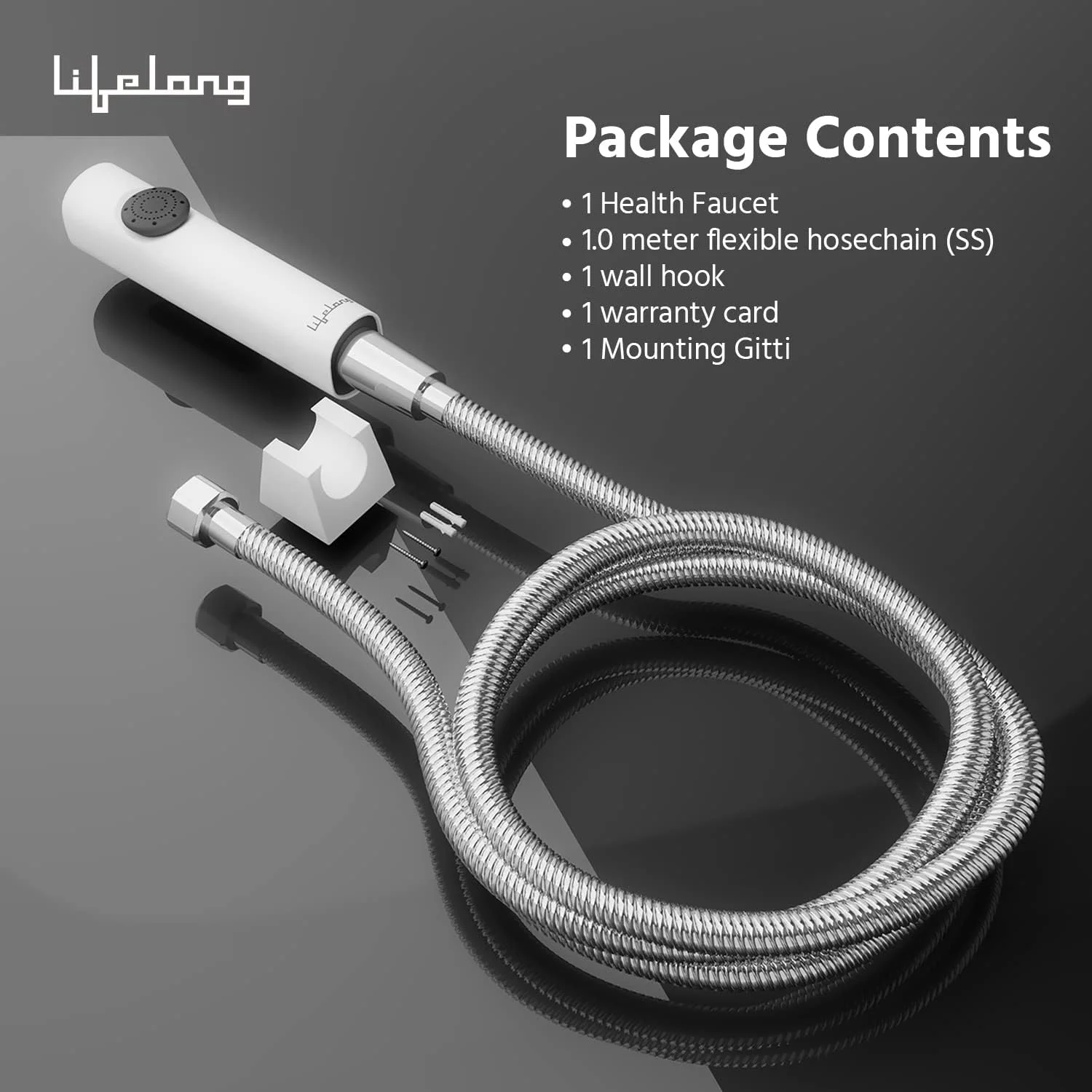 شیر بهداشتی حمام مادام العمر - جت اسپری برای توالت - فشار قوی، بیده دستی ABS - گرید SS-304، شلنگ انعطاف پذیر 1 متری و قلاب دیواری برای توالت فرنگی - سفید (LLBAHF12)، کروم