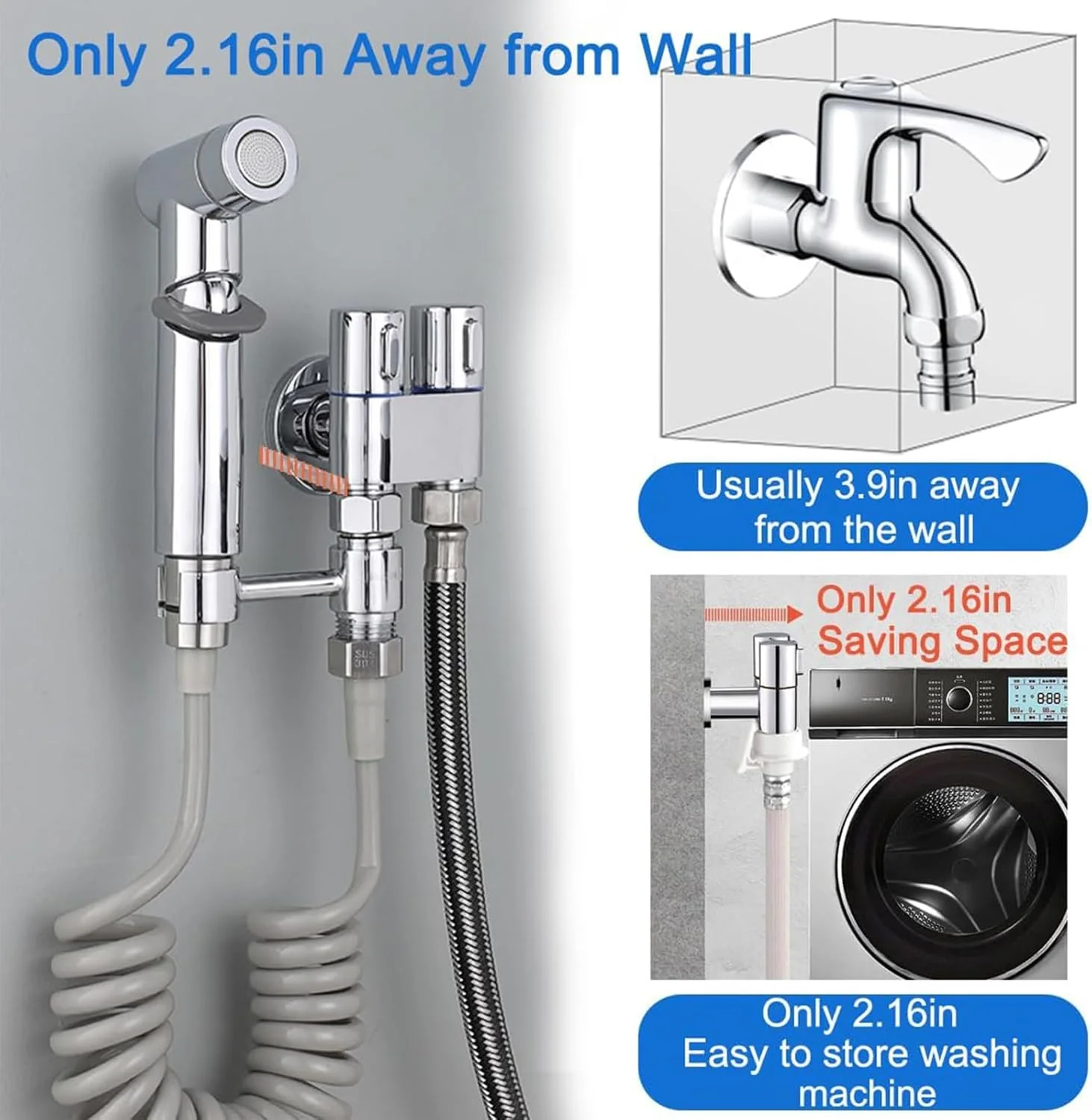 شلنگ توالت دستی Tikwoork، شیر دوگانه کنترل 2-در-1، کیت شلنگ دستی با قابلیت تنظیم فشار آب برای ماشین لباسشویی، حیوانات خانگی، پارچه و توالت (نقره ای)