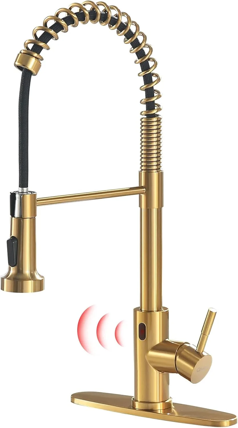 شیر آشپزخانه فنری بدون لمس GIMILI با اسپری کشویی، شیر آشپزخانه تک دستگیره با حسگر حرکتی، شیر هوشمند برای آشپزخانه با صفحه عرشه، برنج جامد، برس خورده