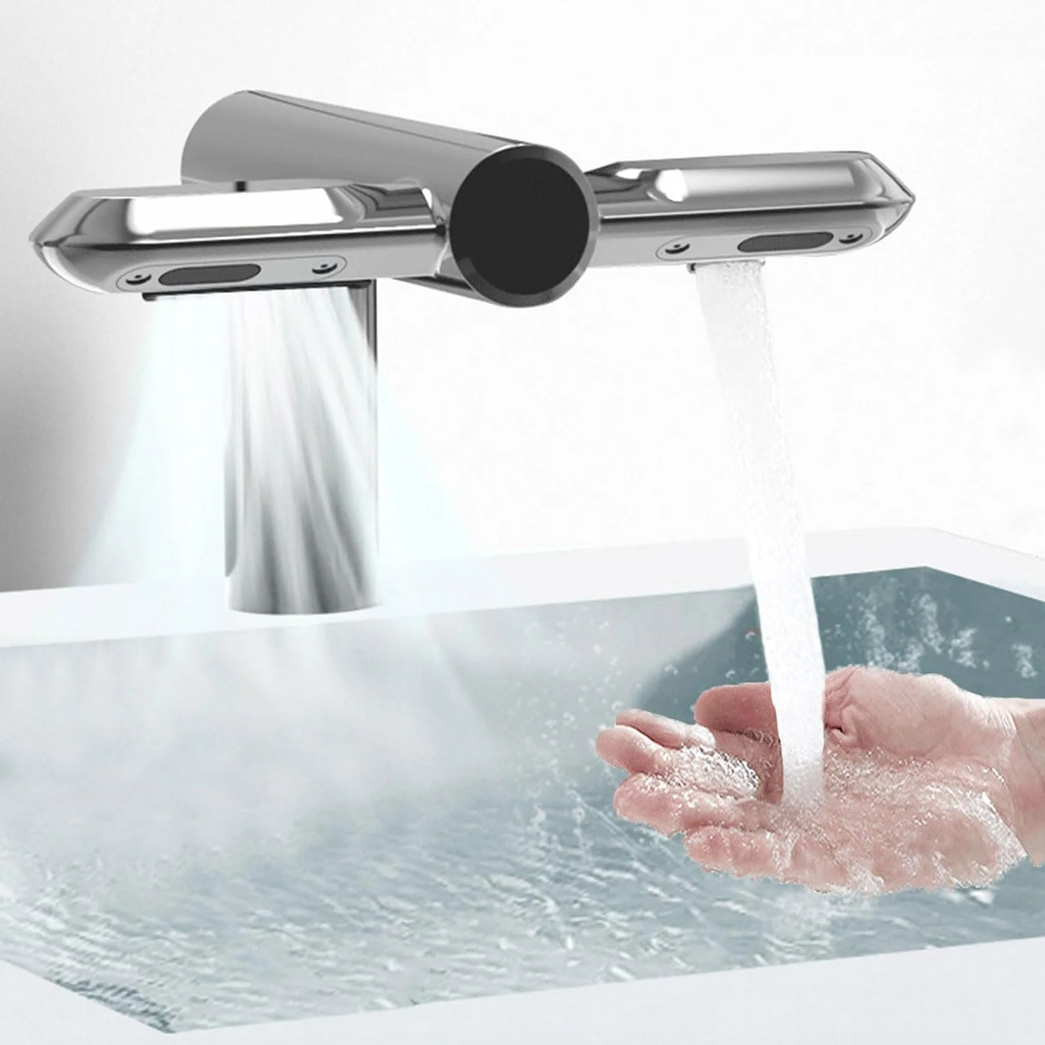 شیر آب اتوماتیک سنسور دار بدون لمس، شیر آب مدرن کروم برنجی 1150 واتی به همراه خشک کن دست، شیر آب روشویی سنسور دار، مخلوط کن آب گرم و سرد برای مصارف خانگی و تجاری