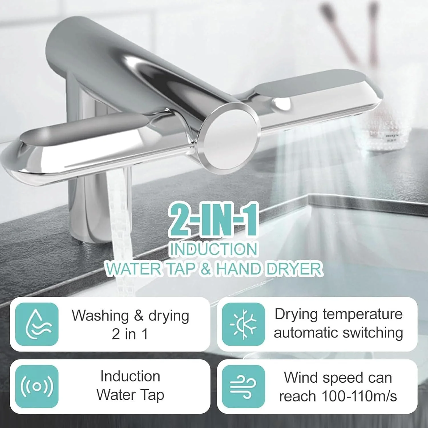 شیر آب اتوماتیک سنسور دار بدون لمس، شیر آب مدرن کروم برنجی 1150 واتی به همراه خشک کن دست، شیر آب روشویی سنسور دار، مخلوط کن آب گرم و سرد برای مصارف خانگی و تجاری