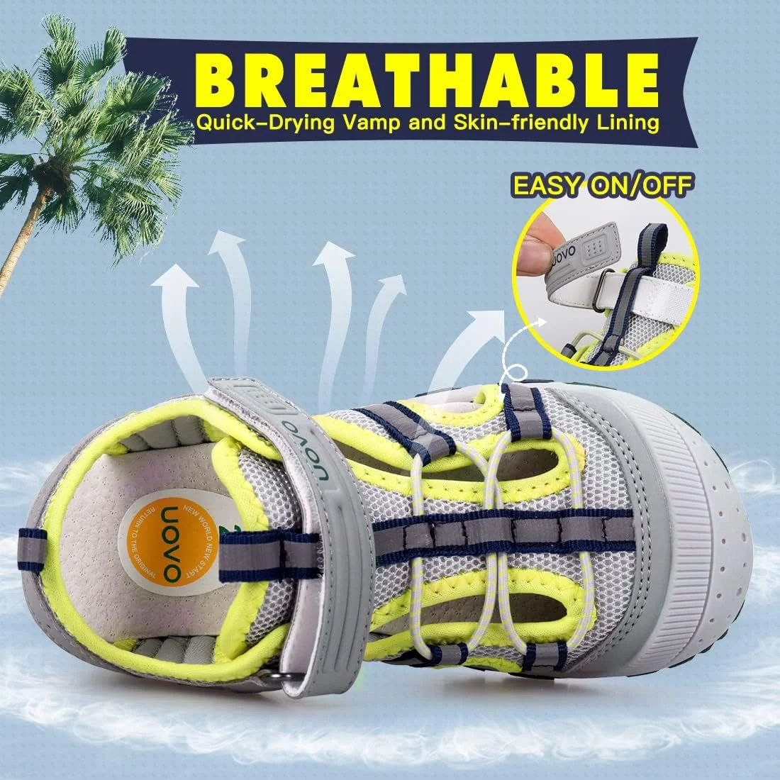 صندل پسرانه UOVO، صندل های پیاده روی و ترکینگ بچه گانه، کفش های ورزشی تابستانی فضای باز با پنجه بسته مناسب کودکان نوپا سایز 22 تا کودکان کوچک سایز 34، خاکستری سبز فسفری، سایز 27