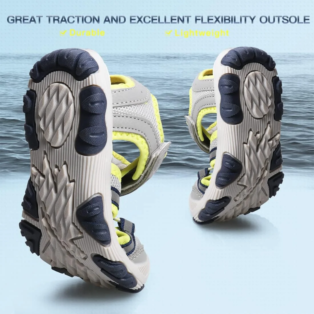 صندل پسرانه UOVO، صندل های پیاده روی و ترکینگ بچه گانه، کفش های ورزشی تابستانی فضای باز با پنجه بسته مناسب کودکان نوپا سایز 22 تا کودکان کوچک سایز 34، خاکستری سبز فسفری، سایز 27