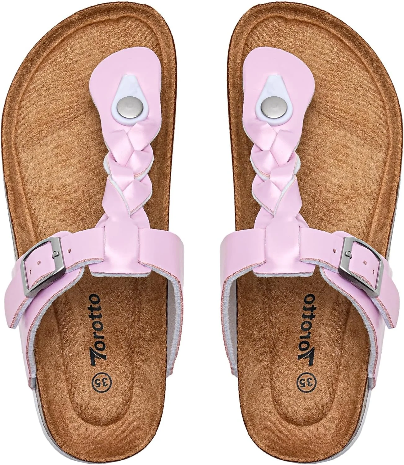 صندل های تخت چوب پنبه ای پسرانه و دخترانه Torotto، دمپایی لاانگشتی بچه گانه با بند های بافته قابل تنظیم، صورتی، سایز 4 بچه گانه بزرگ