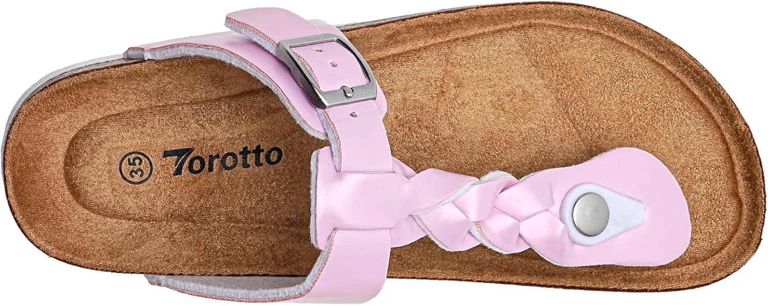 صندل های تخت چوب پنبه ای پسرانه و دخترانه Torotto، دمپایی لاانگشتی بچه گانه با بند های بافته قابل تنظیم، صورتی، سایز 4 بچه گانه بزرگ